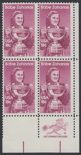 USA Michel 1504 / Scott 1932 postfrisch ZIP-BLOCK (lr) - Sportler: Mildred D. -Babe- Zaharias (1911-1956), Basketball- und Golfspielerin