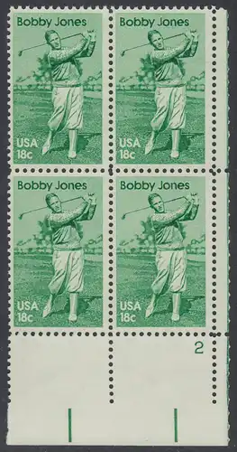 USA Michel 1505 / Scott 1933 postfrisch PLATEBLOCK ECKRAND unten rechts m/ Platten-# 2 - Sportler: Robert -Bobby- T. Jones (1902-1971), Golfspieler