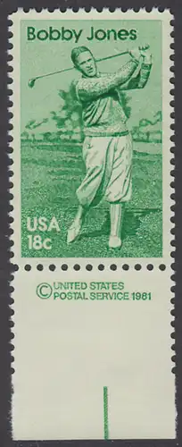 USA Michel 1505 / Scott 1933 postfrisch EINZELMARKE RAND unten m/ copyright symbol - Sportler: Robert -Bobby- T. Jones (1902-1971), Golfspieler