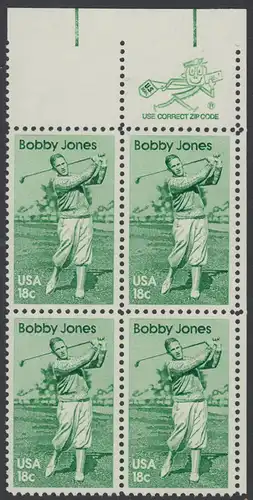 USA Michel 1505 / Scott 1933 postfrisch ZIP-BLOCK (ur) - Sportler: Robert -Bobby- T. Jones (1902-1971), Golfspieler