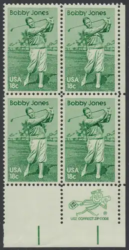 USA Michel 1505 / Scott 1933 postfrisch ZIP-BLOCK (lr) - Sportler: Robert -Bobby- T. Jones (1902-1971), Golfspieler
