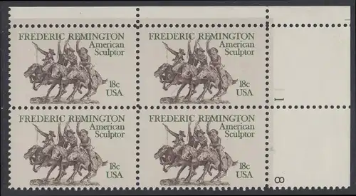 USA Michel 1506 / Scott 1934 postfrisch PLATEBLOCK ECKRAND oben rechts m/ Platten-# 1 - Frederic Remington, Künstler