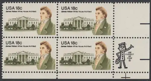 USA Michel 1509 / Scott 1935 postfrisch ZIP-BLOCK (lr) - James Hoban (1762-1831), Architekt des Weißen Hauses
