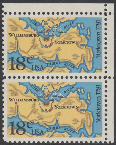 USA Michel 1511 / Scott 1937 postfrisch vert.PAAR ECKRAND oben rechts - 200. Jahrestag der Schlachten von Yorktown und vor der Chesapeake Bay