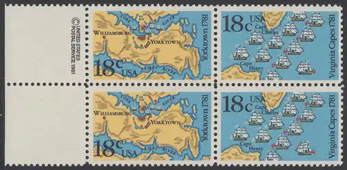 USA Michel 1511-1512 / Scott 1937-1938 postfrisch BLOCK RÄNDER links m/ copyright symbol (a1) - 200. Jahrestag der Schlachten von Yorktown und vor der Chesapeake Bay