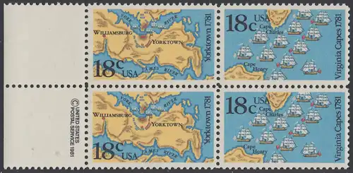 USA Michel 1511-1512 / Scott 1937-1938 postfrisch BLOCK RÄNDER links m/ copyright symbol (a2) - 200. Jahrestag der Schlachten von Yorktown und vor der Chesapeake Bay