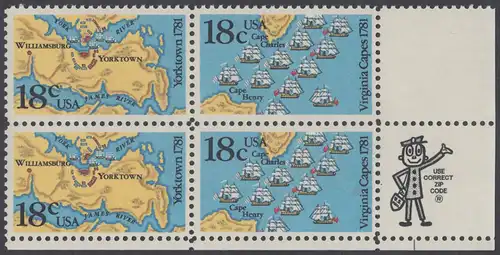 USA Michel 1511-1512 / Scott 1937-1938 postfrisch ZIP-BLOCK (lr) - 200. Jahrestag der Schlachten von Yorktown und vor der Chesapeake Bay