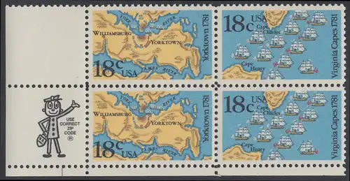 USA Michel 1511-1512 / Scott 1937-1938 postfrisch ZIP-BLOCK (ll) - 200. Jahrestag der Schlachten von Yorktown und vor der Chesapeake Bay
