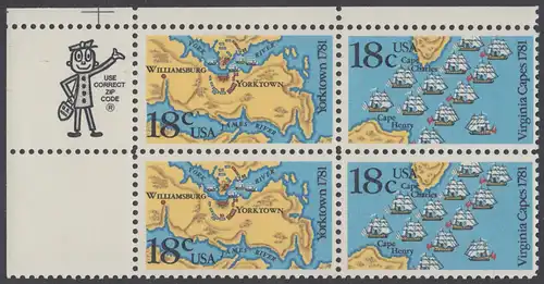 USA Michel 1511-1512 / Scott 1937-1938 postfrisch ZIP-BLOCK (ul) - 200. Jahrestag der Schlachten von Yorktown und vor der Chesapeake Bay