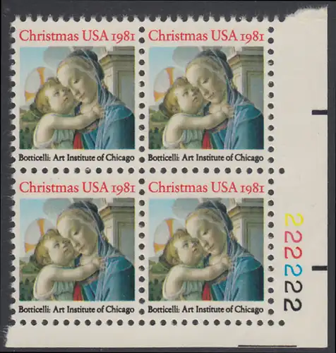 USA Michel 1513 / Scott 1939 postfrisch PLATEBLOCK ECKRAND unten rechts m/ Platten-# 222222 (b) - Weihnachten: Madonna und Kind