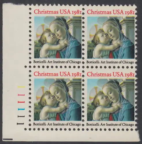 USA Michel 1513 / Scott 1939 postfrisch PLATEBLOCK ECKRAND unten links m/ Platten-# 111111 (a) - Weihnachten: Madonna und Kind
