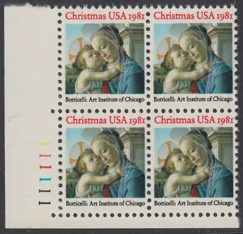 USA Michel 1513 / Scott 1939 postfrisch PLATEBLOCK ECKRAND unten links m/ Platten-# 111111 (b) - Weihnachten: Madonna und Kind