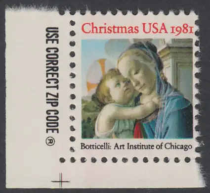 USA Michel 1513 / Scott 1939 postfrisch EINZELMARKE ECKRAND unten links m/ ZIP-Emblem - Weihnachten: Madonna und Kind