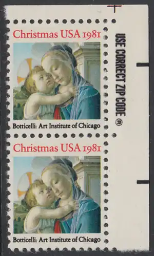 USA Michel 1513 / Scott 1939 postfrisch vert.PAAR ECKRAND oben rechts m/ZIP-Emblem - Weihnachten: Madonna und Kind