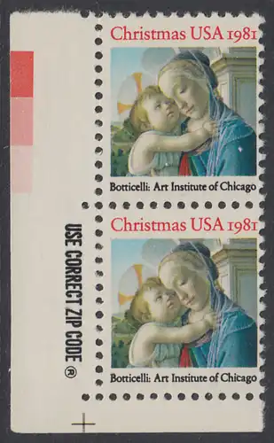 USA Michel 1513 / Scott 1939 postfrisch vert.PAAR ECKRAND unten links m/ZIP-Emblem - Weihnachten: Madonna und Kind