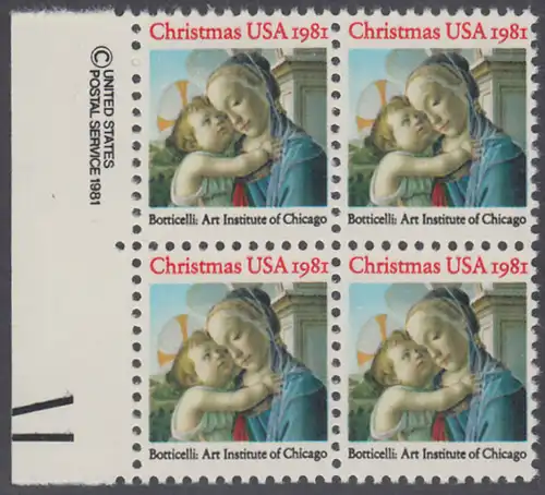 USA Michel 1513 / Scott 1939 postfrisch BLOCK RÄNDER links m/ copyright system (a1) - Weihnachten: Madonna und Kind