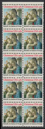 USA Michel 1513 / Scott 1939 postfrisch vert.BLOCK(10) RÄNDER oben - Weihnachten: Madonna und Kind