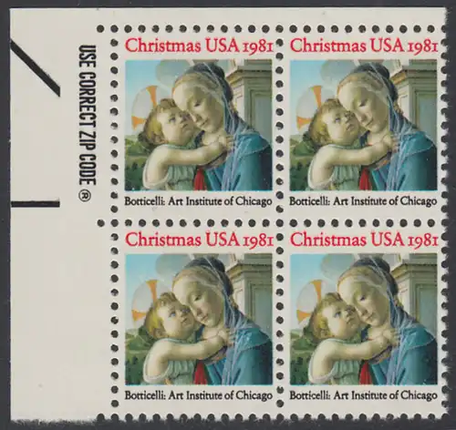 USA Michel 1513 / Scott 1939 postfrisch ZIP-BLOCK (ul) - Weihnachten: Madonna und Kind