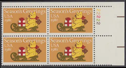 USA Michel 1514 / Scott 1940 postfrisch PLATEBLOCK ECKRAND oben rechts m/ Platten-# 22222 - Weihnachten: Teddybär auf Schlitten