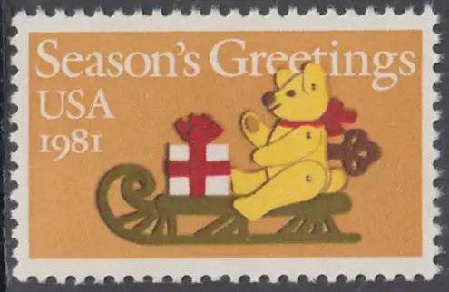 USA Michel 1514 / Scott 1940 postfrisch EINZELMARKE (a1) - Weihnachten: Teddybär auf Schlitten