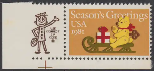 USA Michel 1514 / Scott 1940 postfrisch EINZELMARKE ECKRAND unten links m/ ZIP-Emblem - Weihnachten: Teddybär auf Schlitten