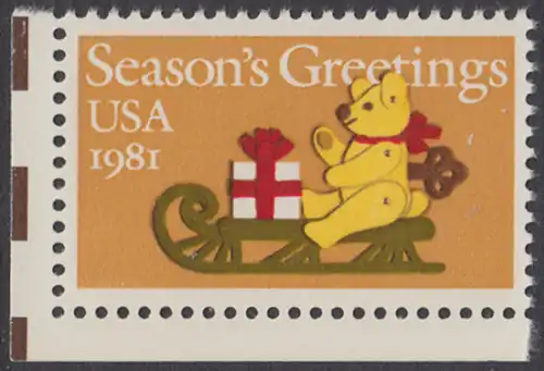 USA Michel 1514 / Scott 1940 postfrisch EINZELMARKE ECKRAND unten links - Weihnachten: Teddybär auf Schlitten