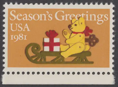 USA Michel 1514 / Scott 1940 postfrisch EINZELMARKE RAND unten - Weihnachten: Teddybär auf Schlitten