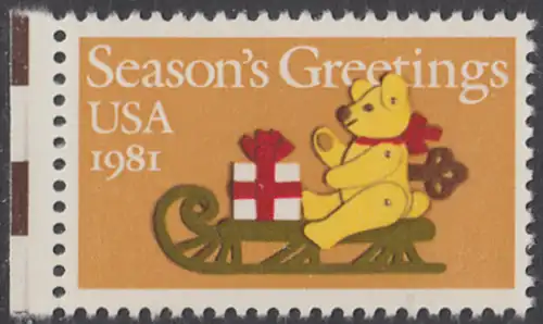 USA Michel 1514 / Scott 1940 postfrisch EINZELMARKE RAND links - Weihnachten: Teddybär auf Schlitten