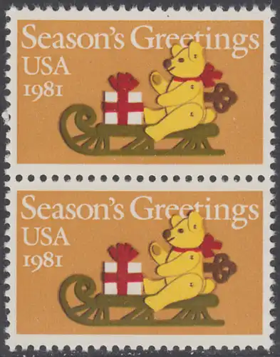 USA Michel 1514 / Scott 1940 postfrisch vert.PAAR - Weihnachten: Teddybär auf Schlitten