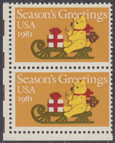 USA Michel 1514 / Scott 1940 postfrisch vert.PAAR ECKRAND unten links - Weihnachten: Teddybär auf Schlitten
