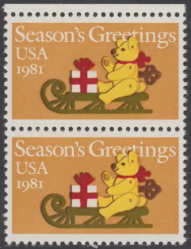 USA Michel 1514 / Scott 1940 postfrisch vert.PAAR RAND oben - Weihnachten: Teddybär auf Schlitten