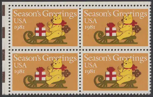 USA Michel 1514 / Scott 1940 postfrisch BLOCK ECKRAND oben links - Weihnachten: Teddybär auf Schlitten