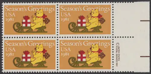 USA Michel 1514 / Scott 1940 postfrisch BLOCK RÄNDER rechts m/ copyright symbol - Weihnachten: Teddybär auf Schlitten