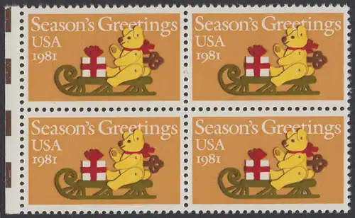 USA Michel 1514 / Scott 1940 postfrisch BLOCK RÄNDER links - Weihnachten: Teddybär auf Schlitten