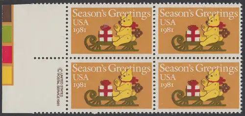 USA Michel 1514 / Scott 1940 postfrisch BLOCK RÄNDER links m/ copyright symbol - Weihnachten: Teddybär auf Schlitten
