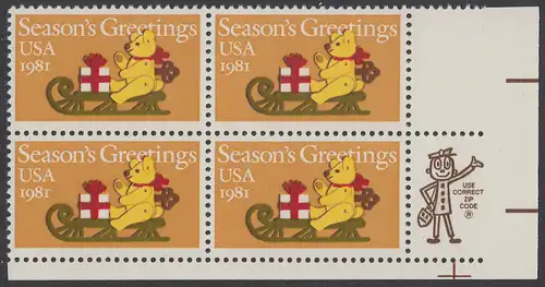 USA Michel 1514 / Scott 1940 postfrisch ZIP-BLOCK (LR) - Weihnachten: Teddybär auf Schlitten
