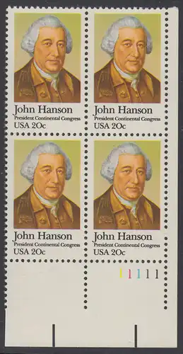 USA Michel 1515 / Scott 1941 postfrisch PLATEBLOCK ECKRAND unten rechts m/ Platten-# 11111 (b) - John Hanson (1721-1783), erster Präsident des Kontinentalkongresses