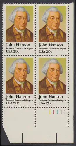 USA Michel 1515 / Scott 1941 postfrisch PLATEBLOCK ECKRAND unten rechts m/ Platten-# 11111 (a) - John Hanson (1721-1783), erster Präsident des Kontinentalkongresses