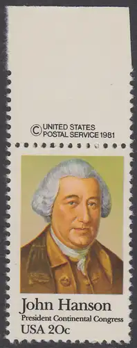 USA Michel 1515 / Scott 1941 postfrisch EINZELMARKE RAND oben m/ copyright symbol - John Hanson (1721-1783), erster Präsident des Kontinentalkongresses