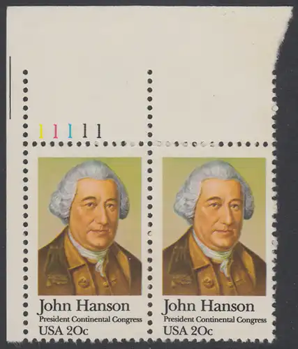 USA Michel 1515 / Scott 1941 postfrisch horiz.PAAR ECKRAND oben links m/ Platten-# 11111 - John Hanson (1721-1783), erster Präsident des Kontinentalkongresses