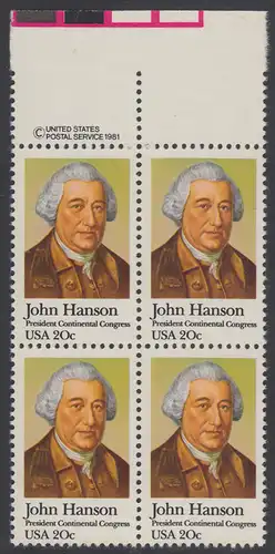 USA Michel 1515 / Scott 1941 postfrisch BLOCK RÄNDER oben m/ copyright symbol - John Hanson (1721-1783), erster Präsident des Kontinentalkongresses