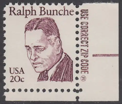 USA Michel 1524 / Scott 1860 postfrisch EINZELMARKE ECKRAND unten rechts m/ ZIP-Emblem - Amerikanische Persönlichkeiten: Ralph J. Bunche (1904-1971), Diplomat, Friedensnobelpreis 1950