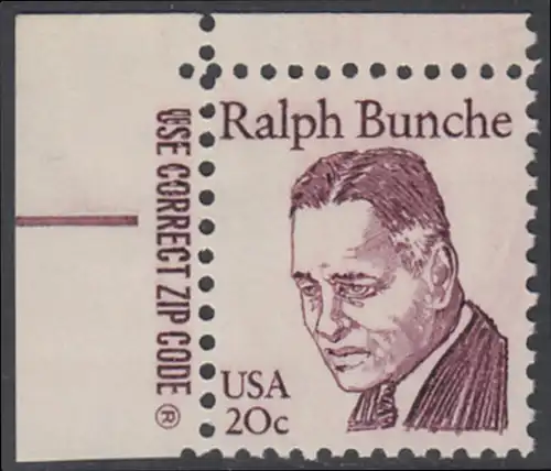 USA Michel 1524 / Scott 1860 postfrisch EINZELMARKE ECKRAND oben links m/ ZIP-Emblem - Amerikanische Persönlichkeiten: Ralph J. Bunche (1904-1971), Diplomat, Friedensnobelpreis 1950