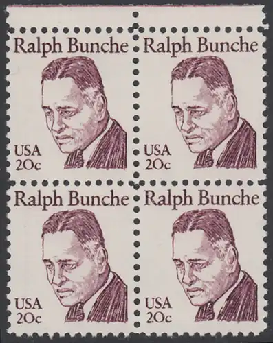 USA Michel 1524 / Scott 1860 postfrisch BLOCK RÄNDER oben - Amerikanische Persönlichkeiten: Ralph J. Bunche (1904-1971), Diplomat, Friedensnobelpreis 1950