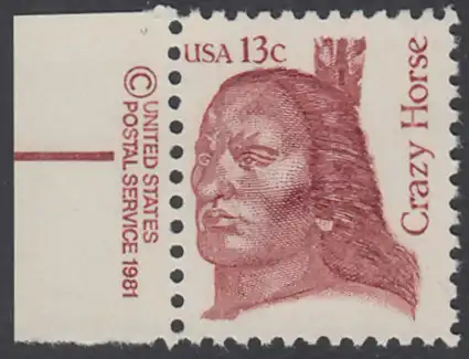 USA Michel 1525 / Scott 1855 postfrisch EINZELMARKE RAND  links m/ copyright symbol - Amerikanische Persönlichkeiten: Crazy Horse (ca. 1840-1877), Häuptling der Oglala Sioux