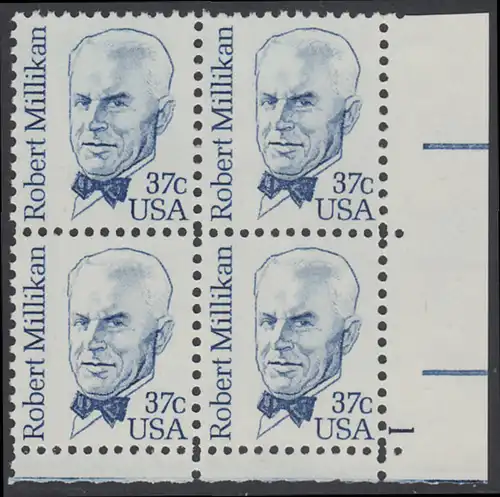 USA Michel 1526 / Scott 1866 postfrisch PLATEBLOCK ECKRAND unten rechts m/ Platten-# 1 - Amerikanische Persönlichkeiten: Robert A. Millikan (1868-1953), Physiker, Nobelpreis 1923