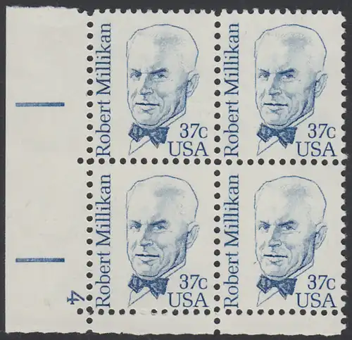 USA Michel 1526 / Scott 1866 postfrisch PLATEBLOCK ECKRAND unten links m/ Platten-# 4 - Amerikanische Persönlichkeiten: Robert A. Millikan (1868-1953), Physiker, Nobelpreis 1923