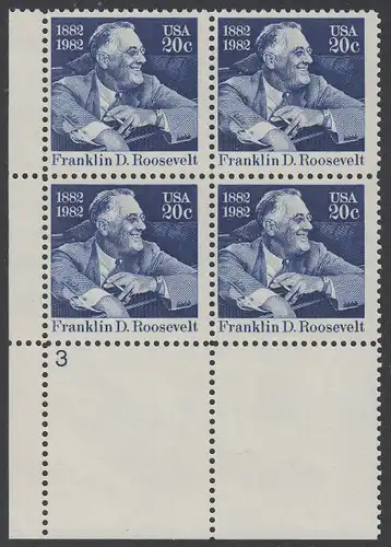 USA Michel 1527 / Scott 1950 postfrisch PLATEBLOCK ECKRAND unten links m/ Platten-# 3 (b) - Franklin D. Roosevelt (1882-1945), 32. Präsident der Vereinigten Staaten