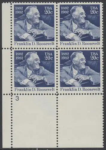 USA Michel 1527 / Scott 1950 postfrisch PLATEBLOCK ECKRAND unten links m/ Platten-# 3 (a) - Franklin D. Roosevelt (1882-1945), 32. Präsident der Vereinigten Staaten