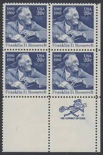 USA Michel 1527 / Scott 1950 postfrisch ZIP-BLOCK (lr) - Franklin D. Roosevelt (1882-1945), 32. Präsident der Vereinigten Staaten